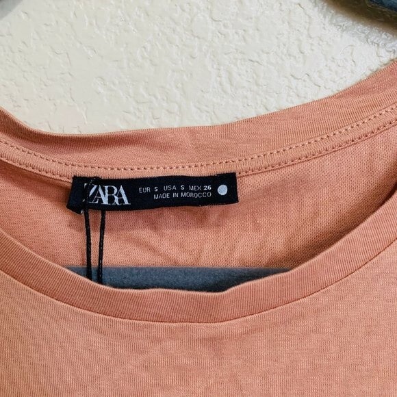 ZARA peach top short sleeve half sheer pleat on front top size S boho normcore - Picture 3 of 9